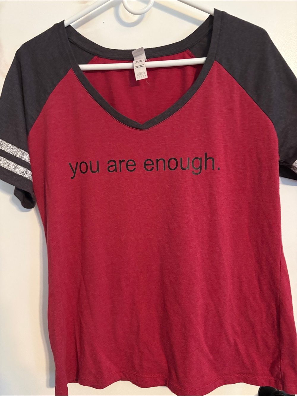 District Red and Charcoal V-Neck Raglan Tee - "you are enough."